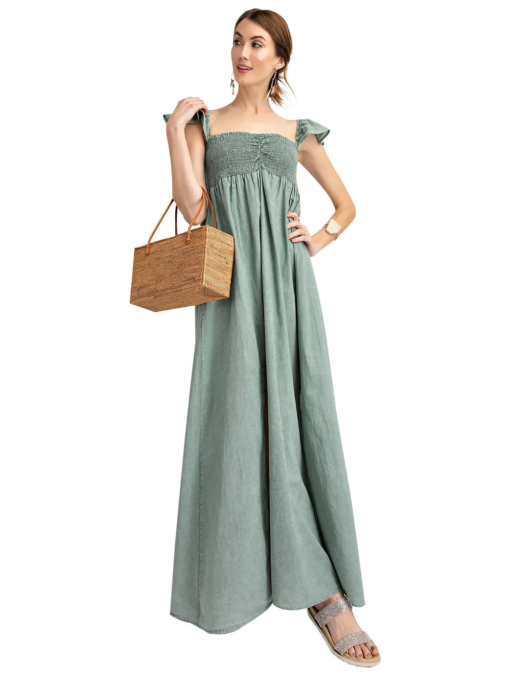 Ruffled Cap Sleeve Maxi Slit Dress by Anna-Kaci