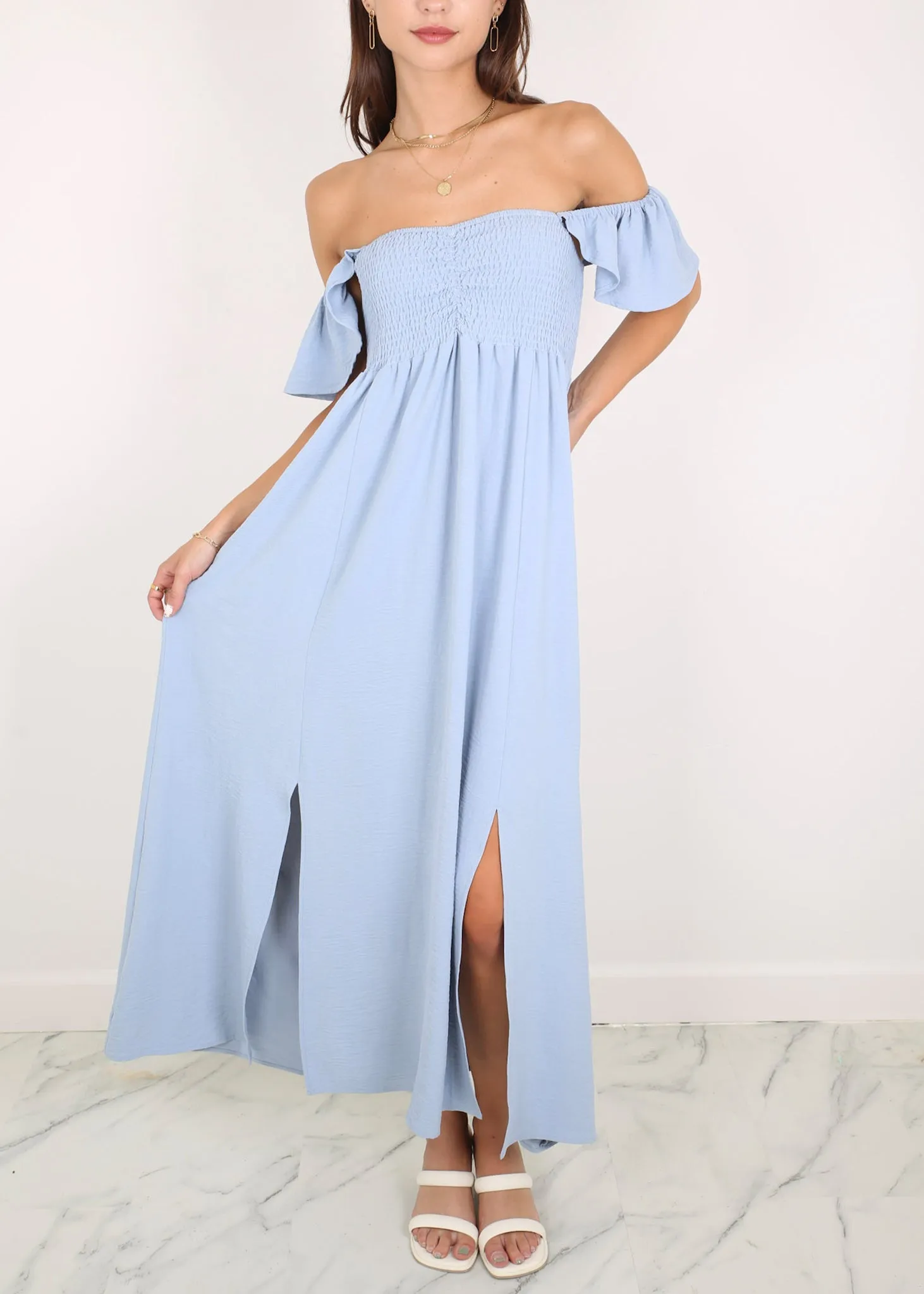 Ruffled Cap Sleeve Maxi Slit Dress by Anna-Kaci