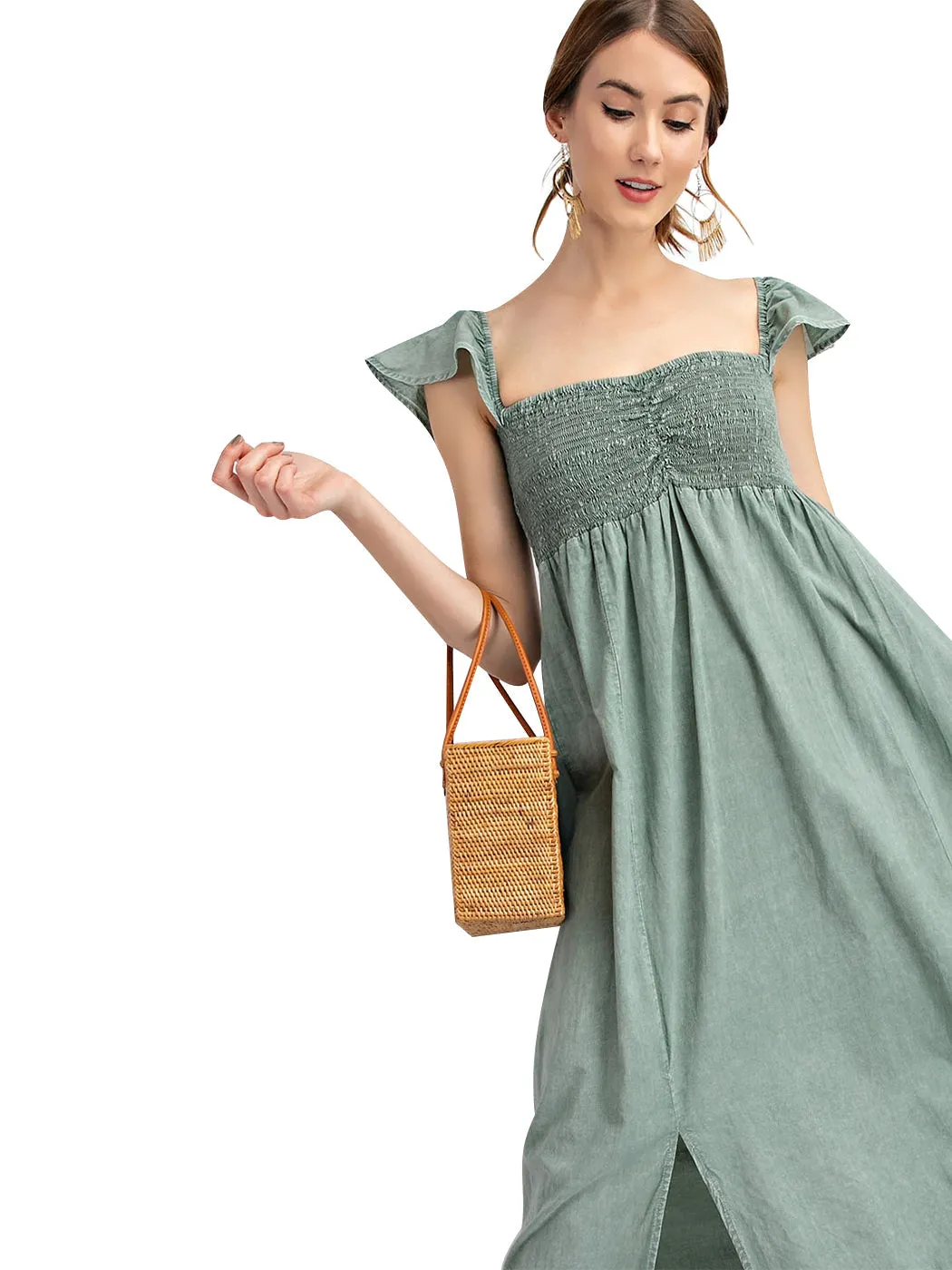 Ruffled Cap Sleeve Maxi Slit Dress by Anna-Kaci