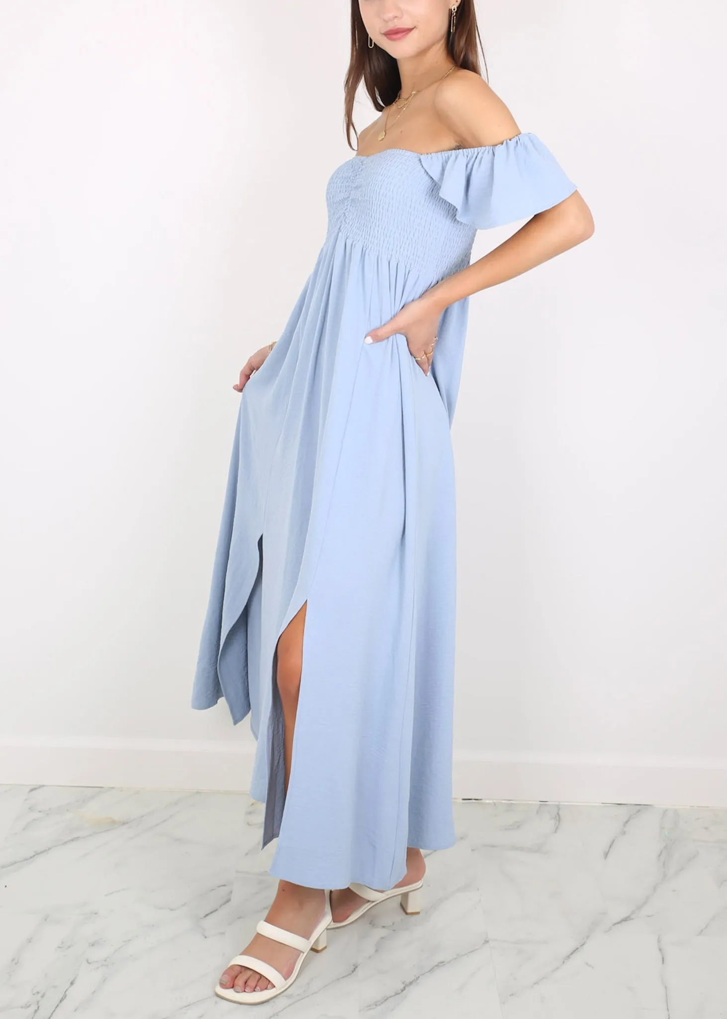 Ruffled Cap Sleeve Maxi Slit Dress by Anna-Kaci