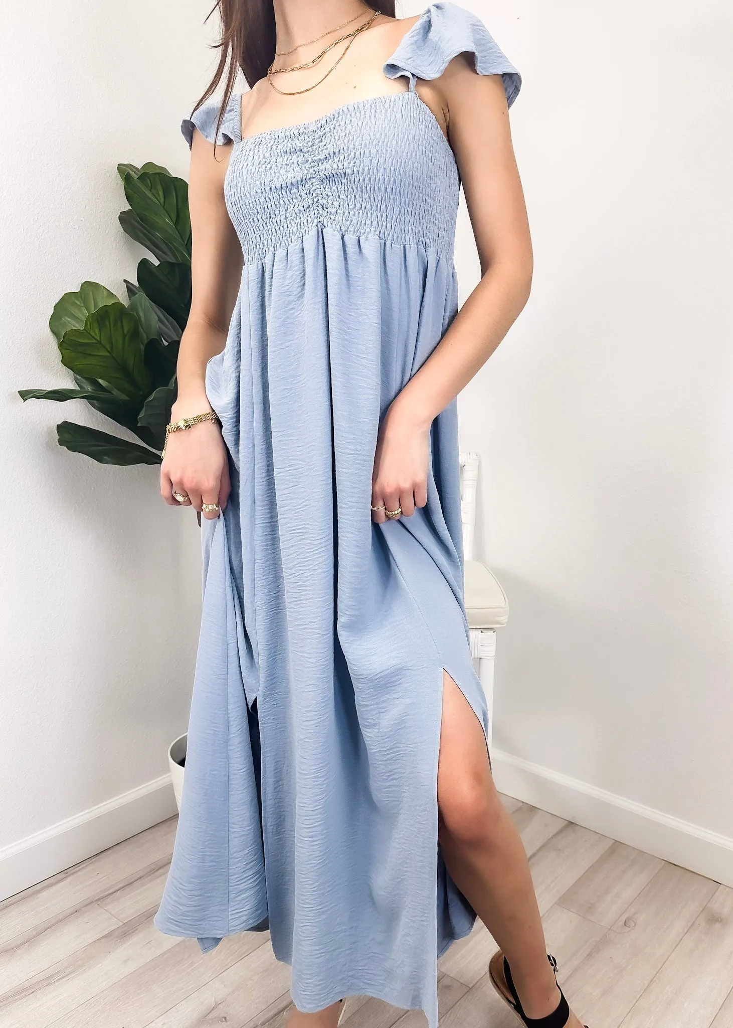 Ruffled Cap Sleeve Maxi Slit Dress by Anna-Kaci
