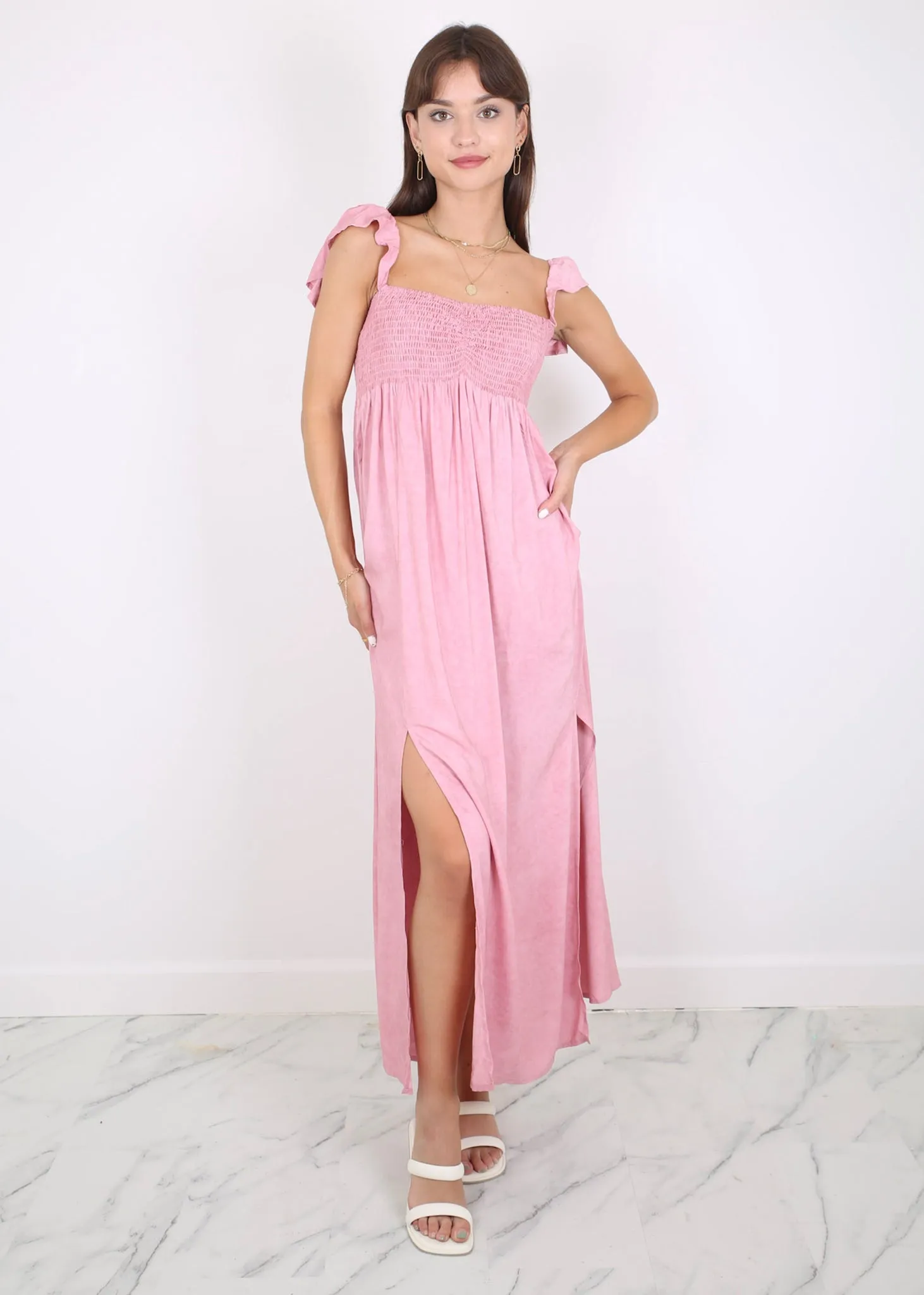 Ruffled Cap Sleeve Maxi Slit Dress by Anna-Kaci