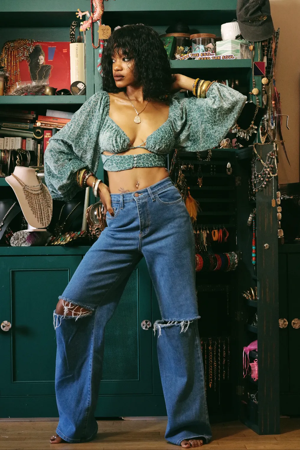 SEXY TEAL VELVET BISHOP SLEEVE TOP