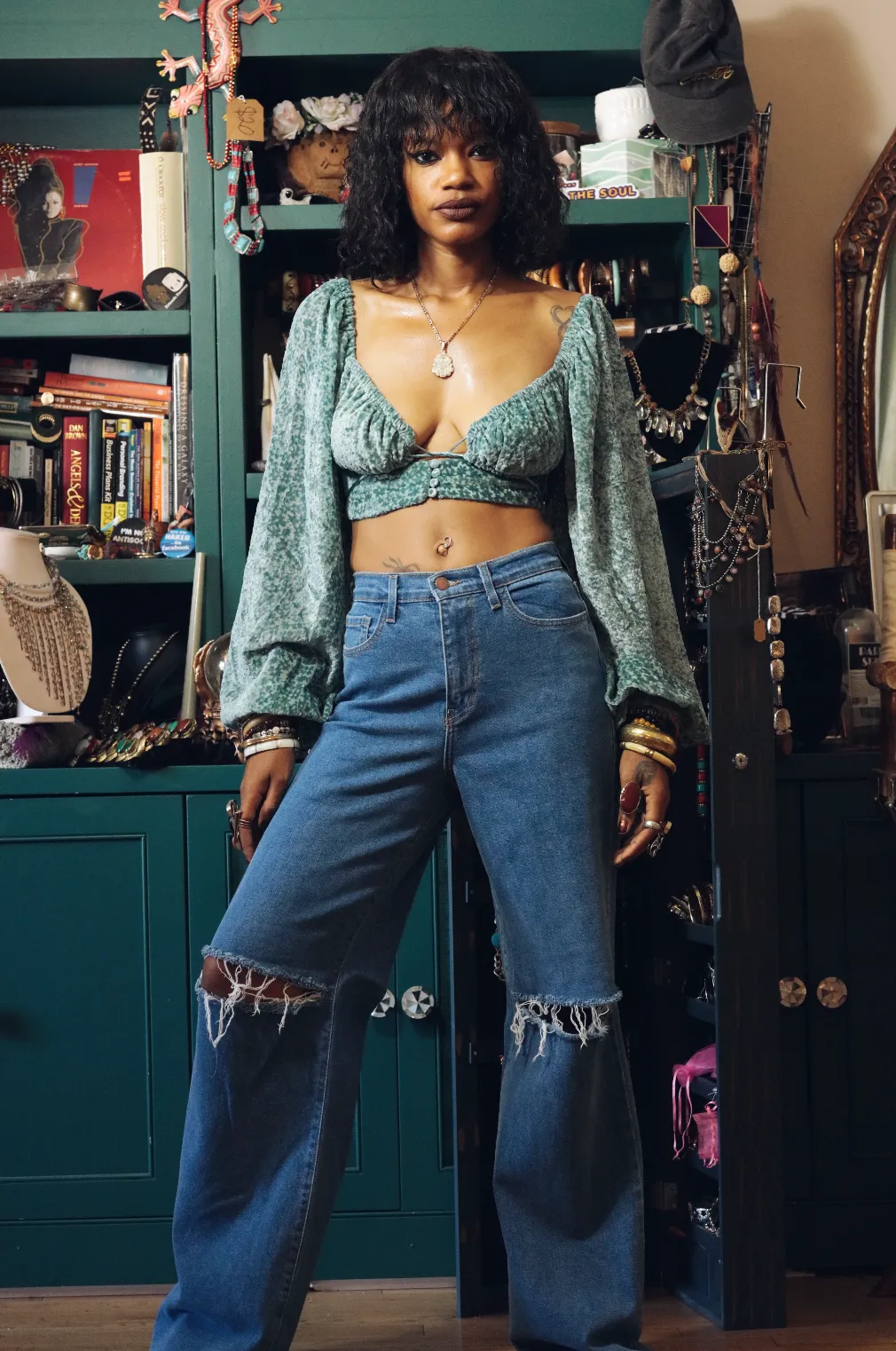 SEXY TEAL VELVET BISHOP SLEEVE TOP