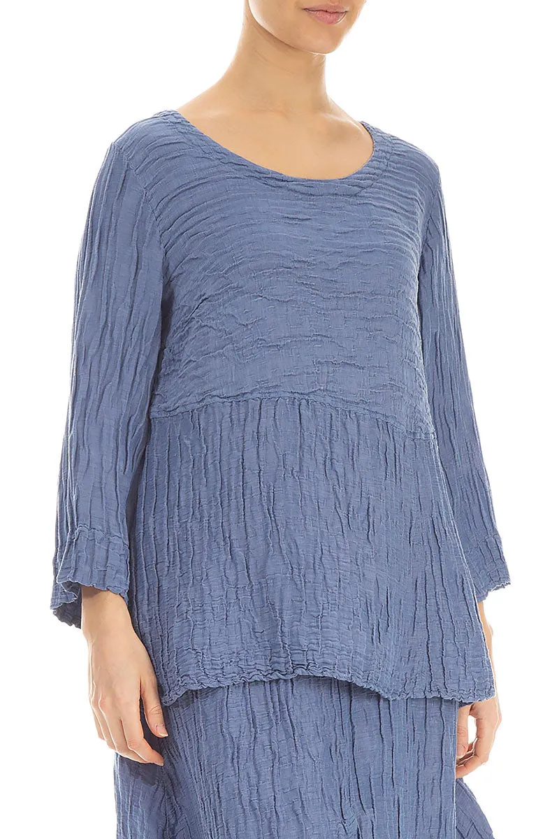 Soft-Shaped Blue Nova Crinkled Silk Linen Blouse