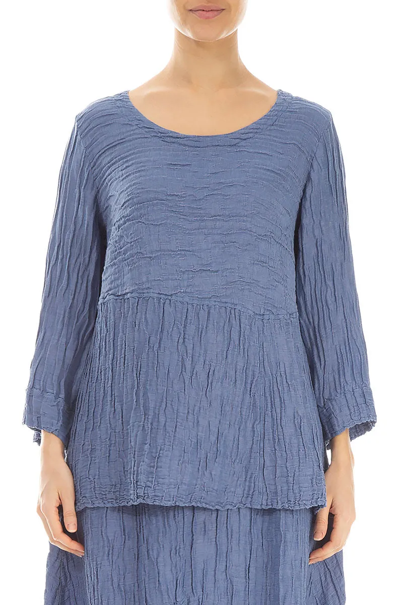 Soft-Shaped Blue Nova Crinkled Silk Linen Blouse
