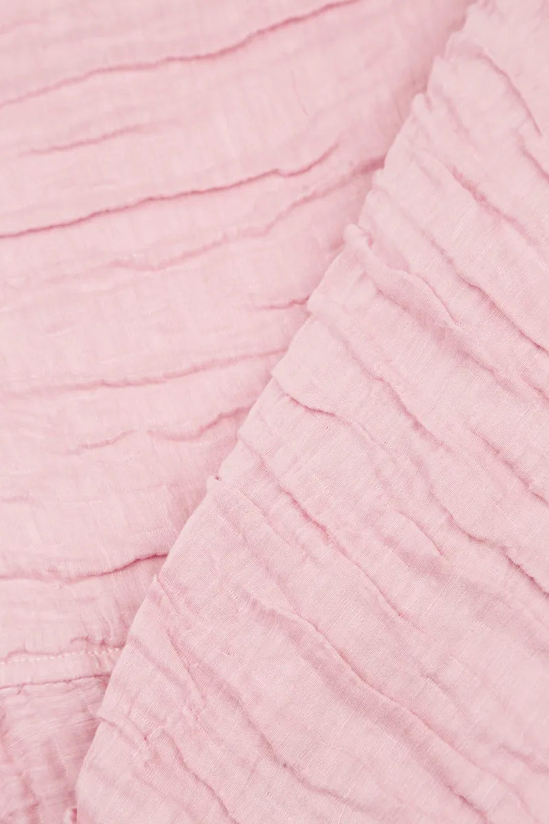 Soft-Shaped Powder Pink Crinkled Silk Linen Blouse