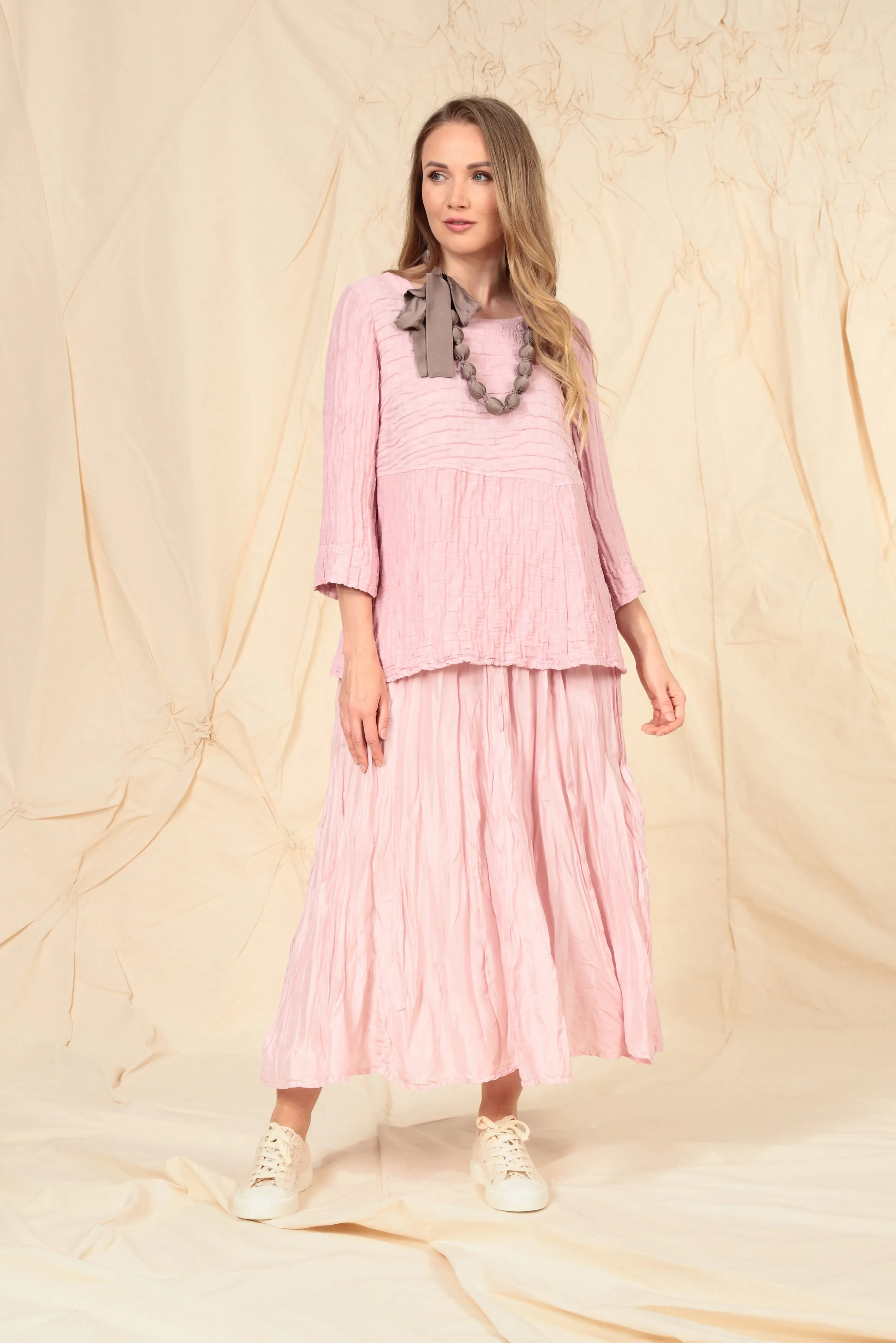 Soft-Shaped Powder Pink Crinkled Silk Linen Blouse