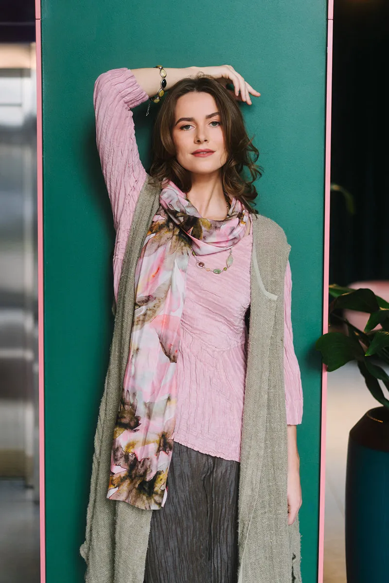 Soft-Shaped Powder Pink Crinkled Silk Linen Blouse