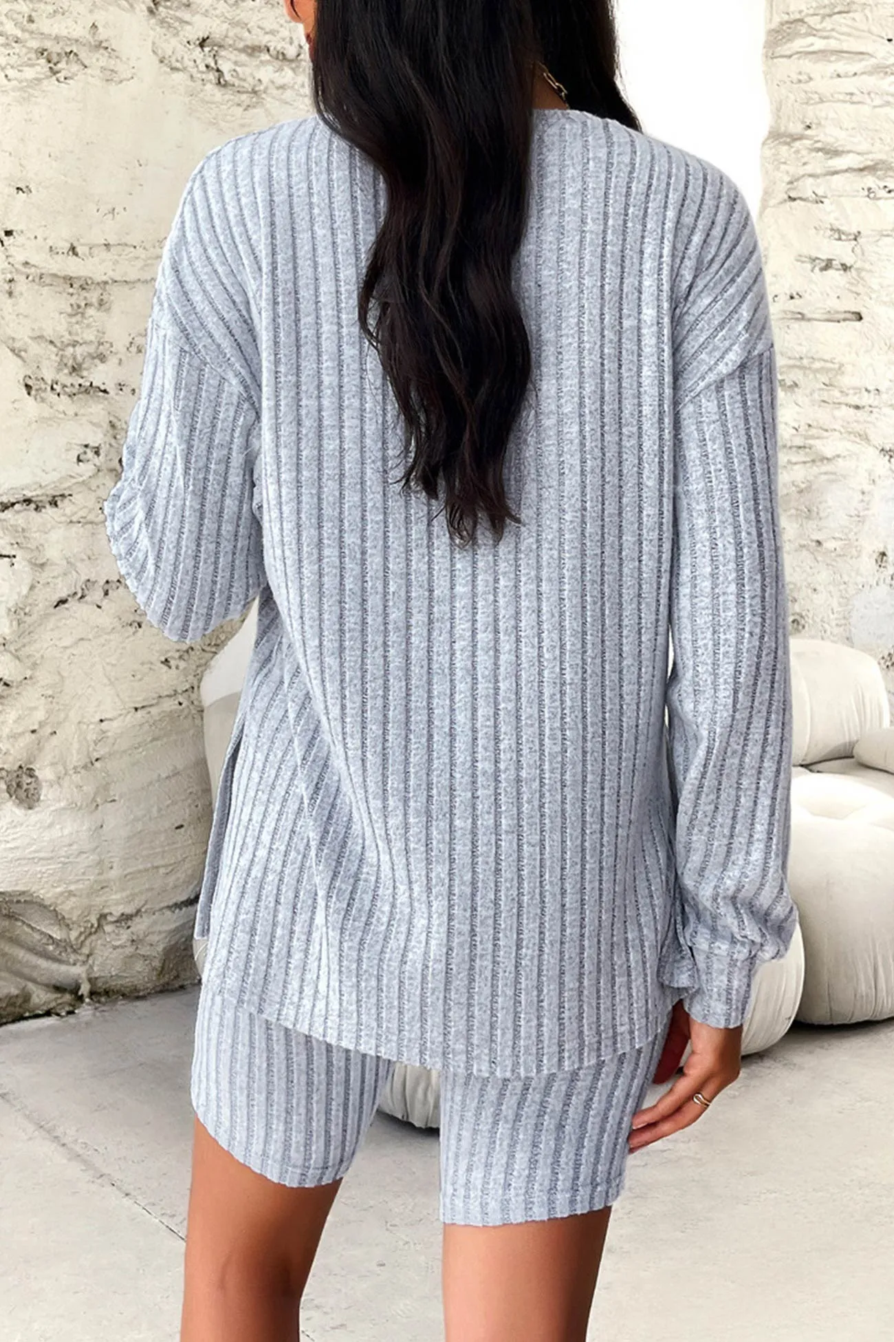 Solid Ribbed Knit Tops Shorts Set