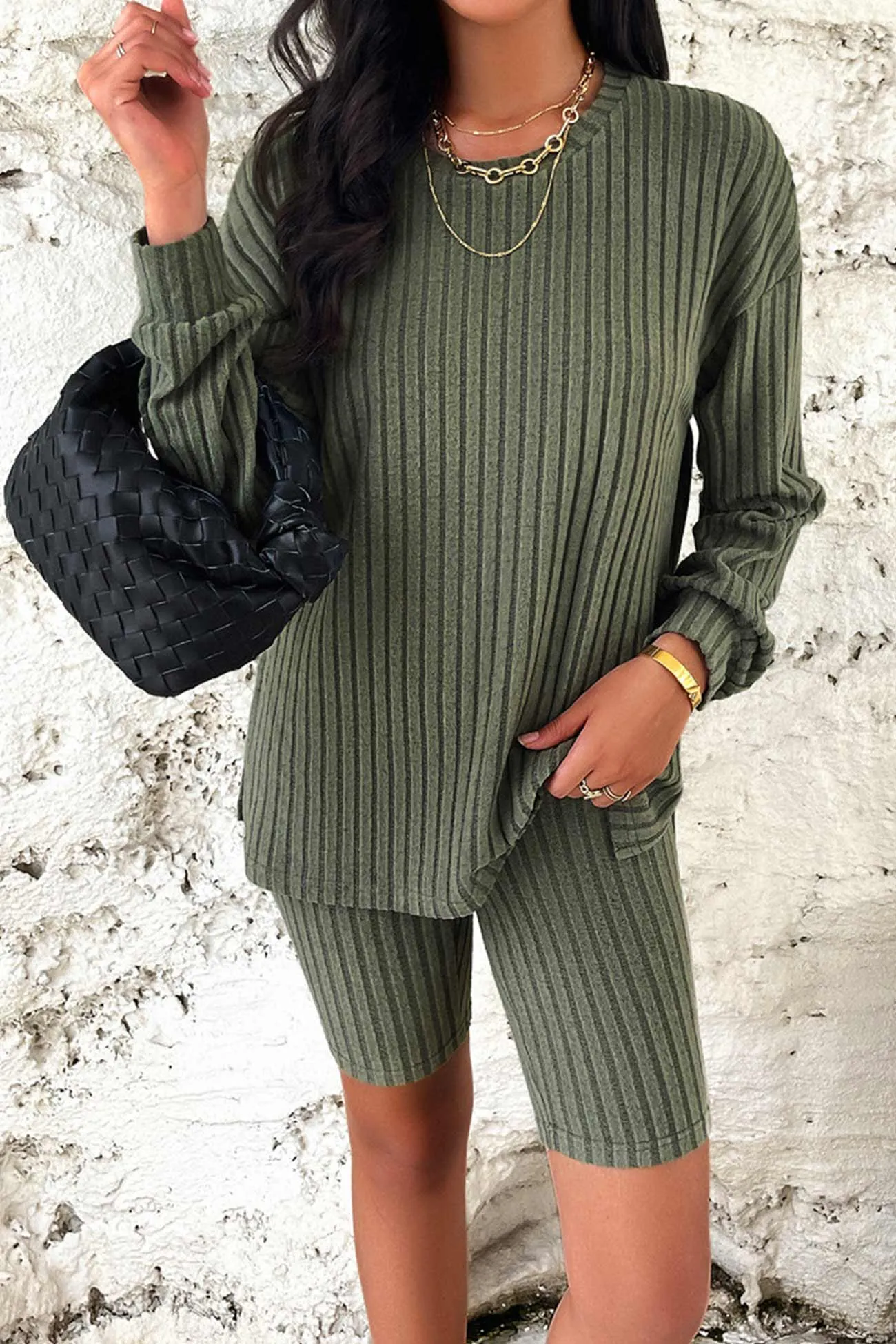 Solid Ribbed Knit Tops Shorts Set