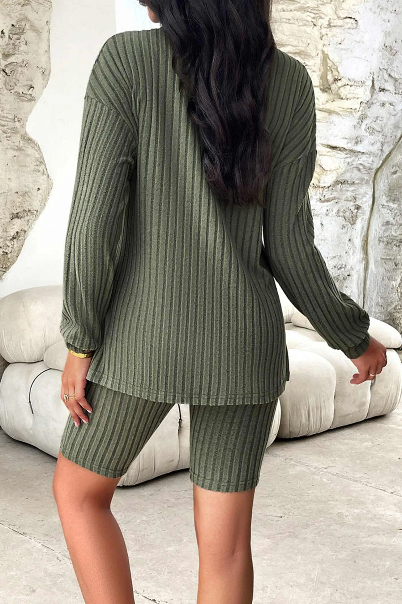 Solid Ribbed Knit Tops Shorts Set
