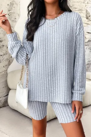 Solid Ribbed Knit Tops Shorts Set