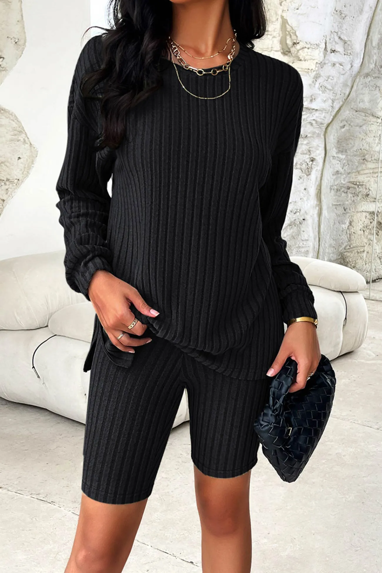 Solid Ribbed Knit Tops Shorts Set