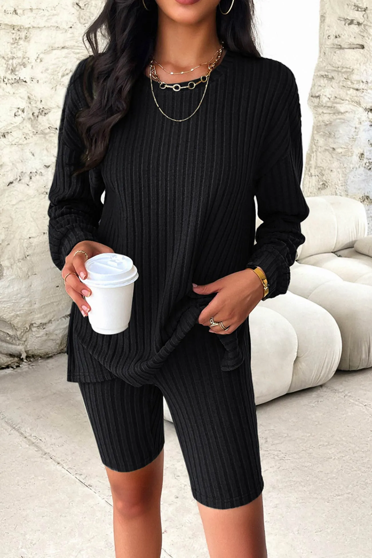 Solid Ribbed Knit Tops Shorts Set