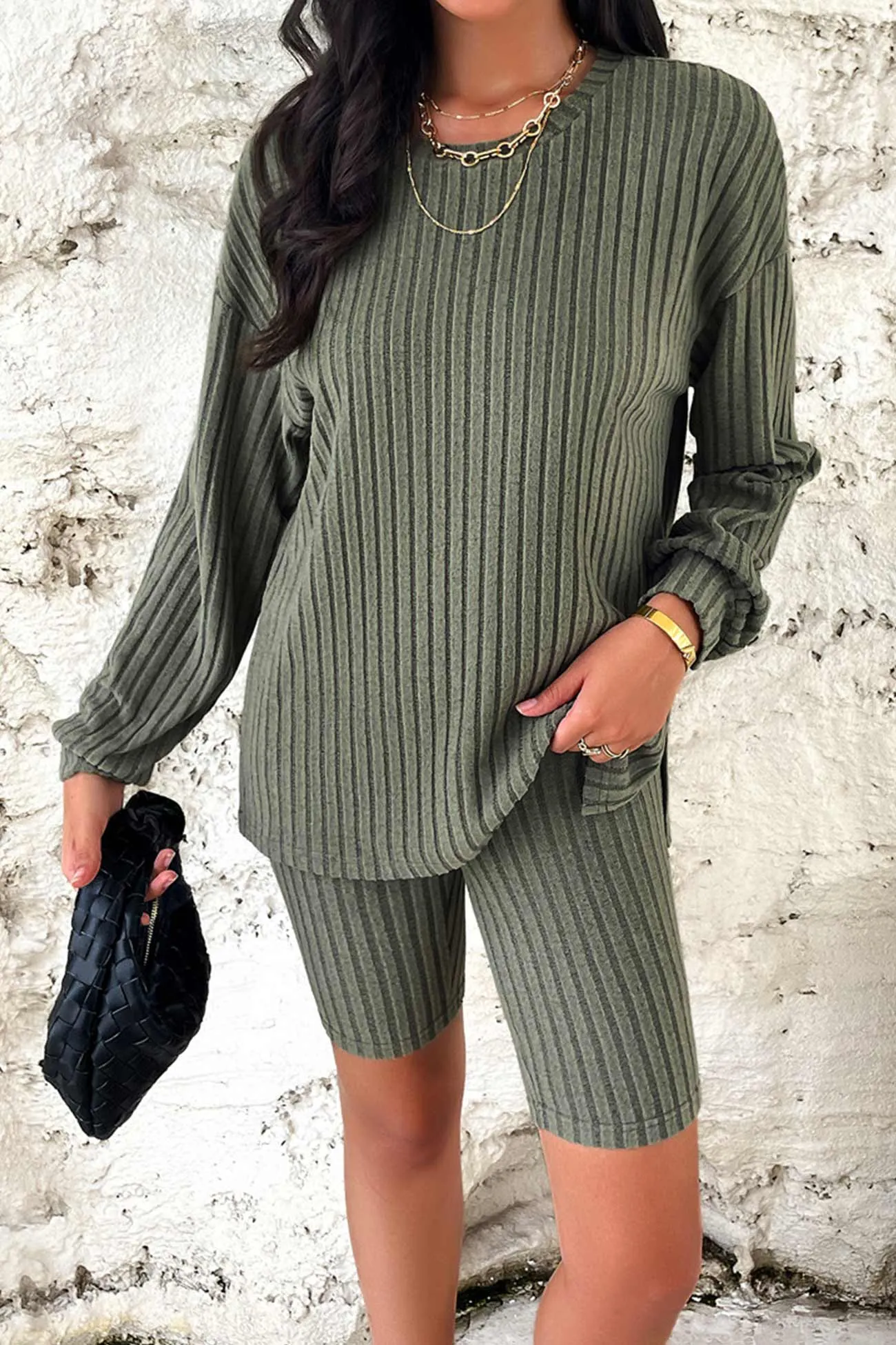 Solid Ribbed Knit Tops Shorts Set