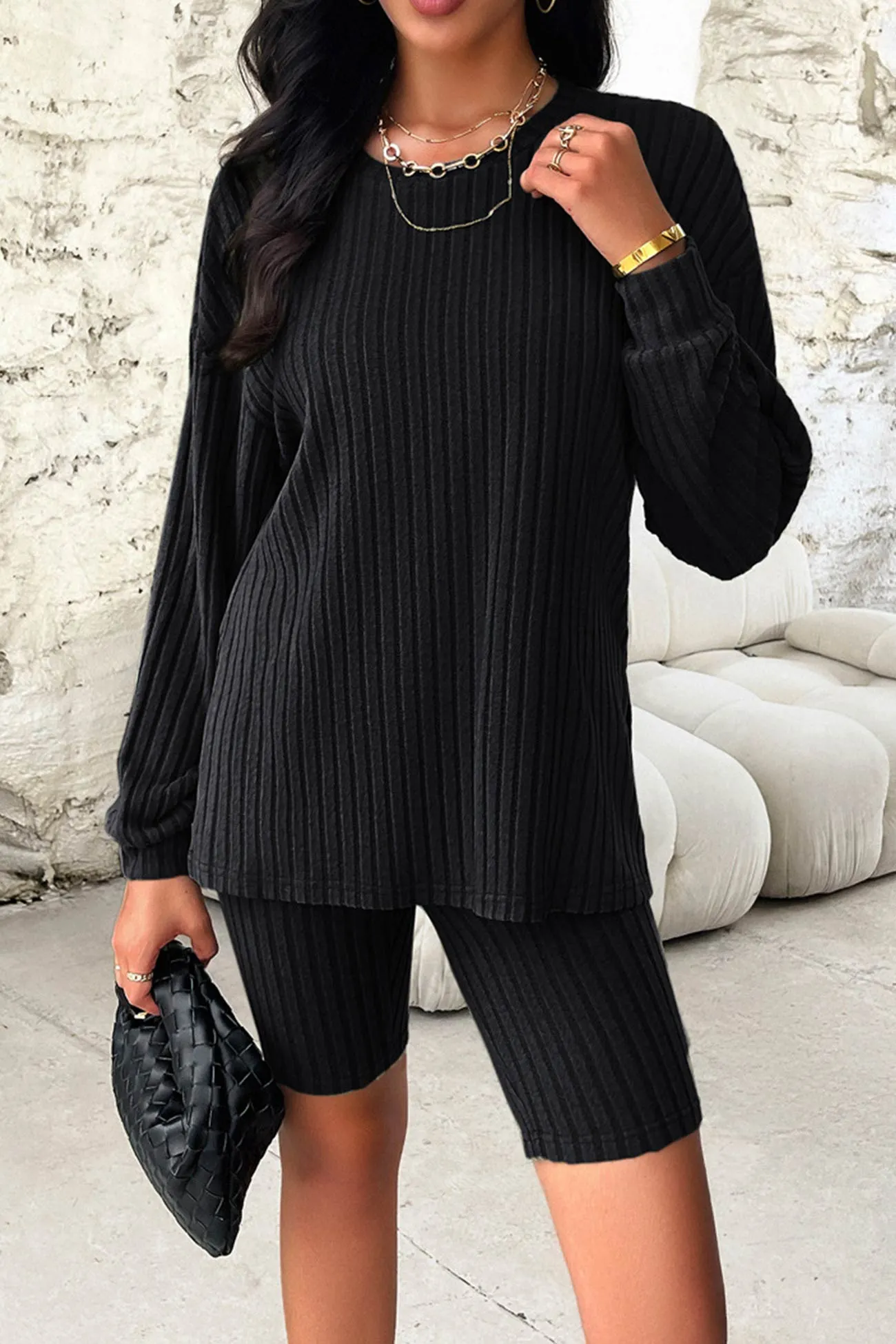 Solid Ribbed Knit Tops Shorts Set