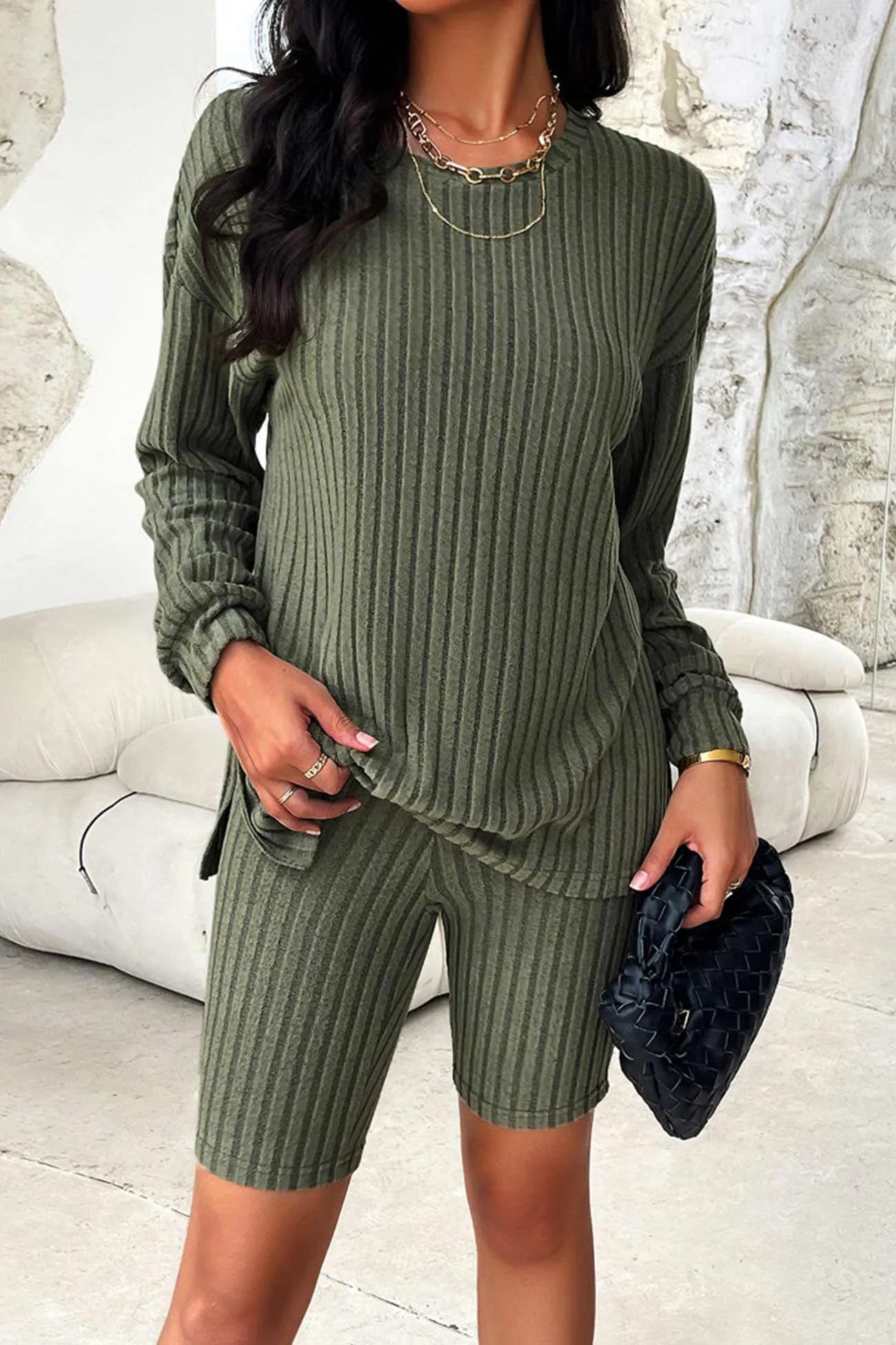 Solid Ribbed Knit Tops Shorts Set