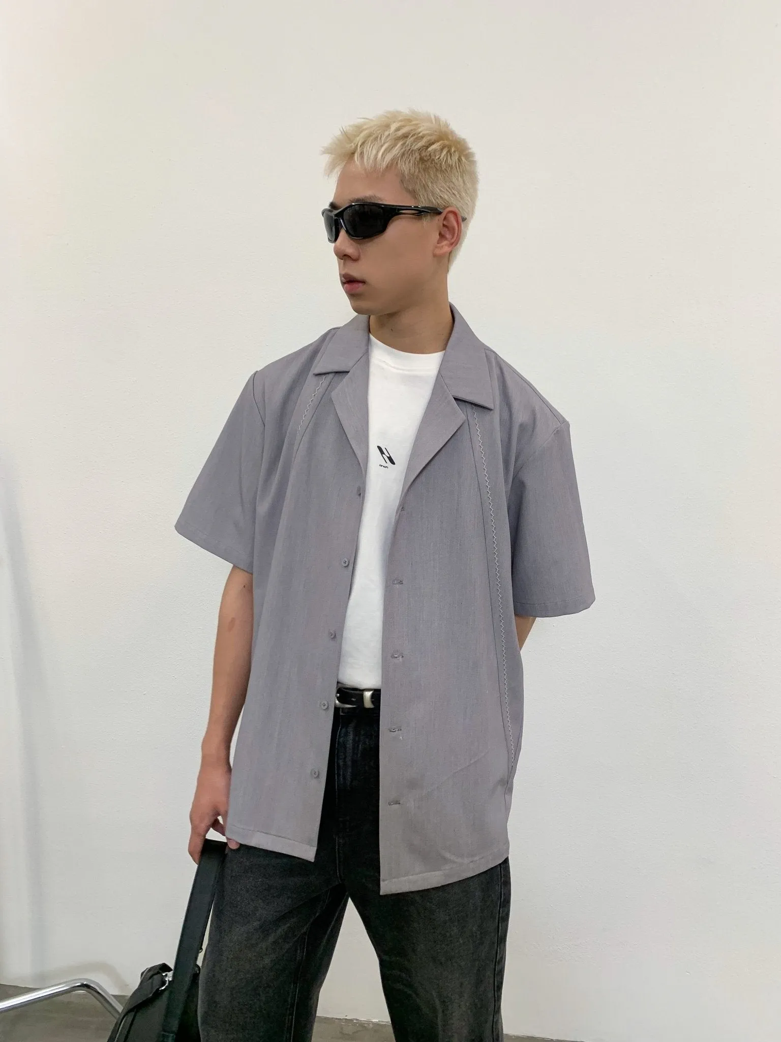 Structured Line Draped Short Sleeve T-shirt Gray