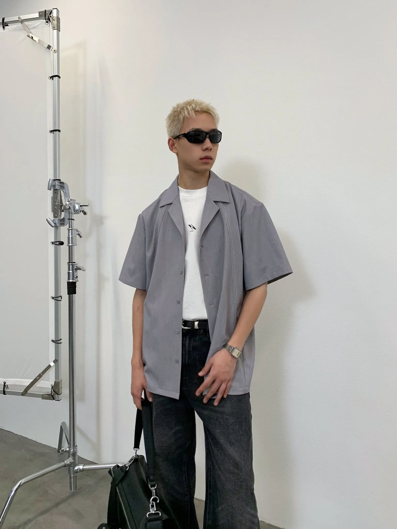 Structured Line Draped Short Sleeve T-shirt Gray
