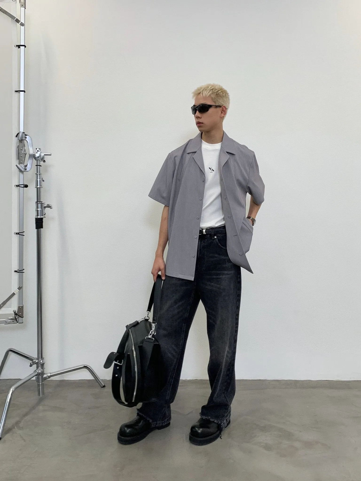 Structured Line Draped Short Sleeve T-shirt Gray
