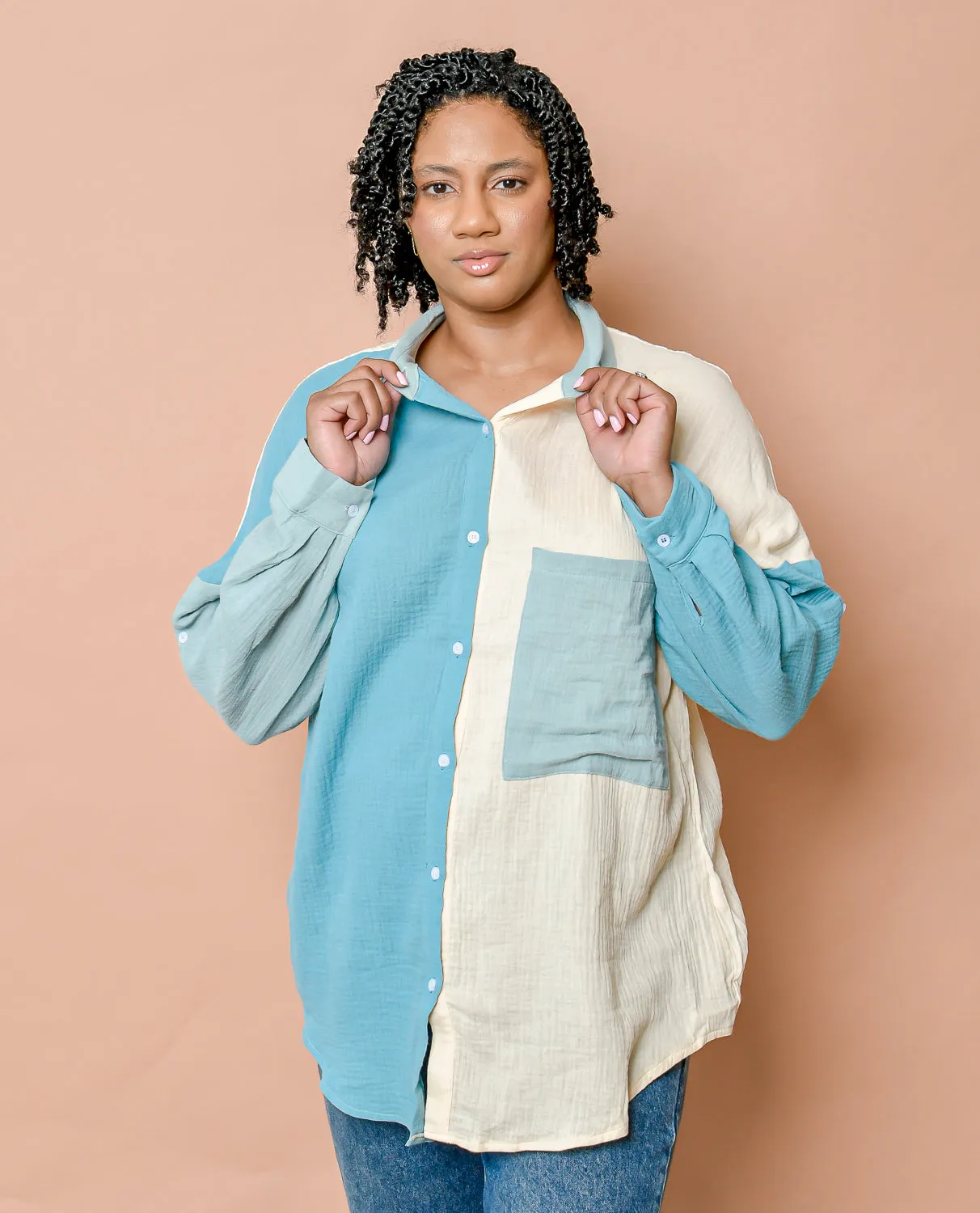 Teal Full Size Pocketed Texture Button Up