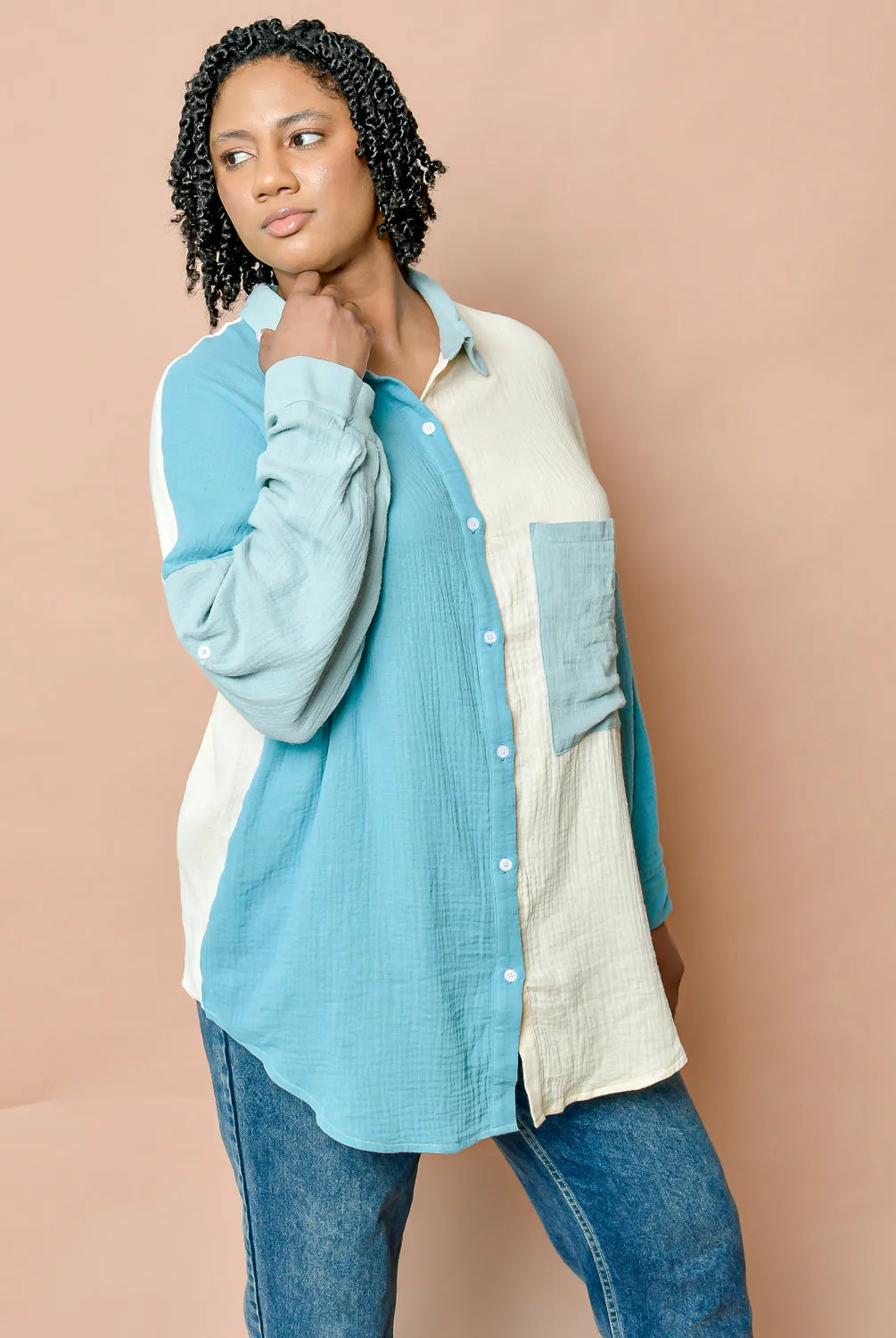Teal Full Size Pocketed Texture Button Up