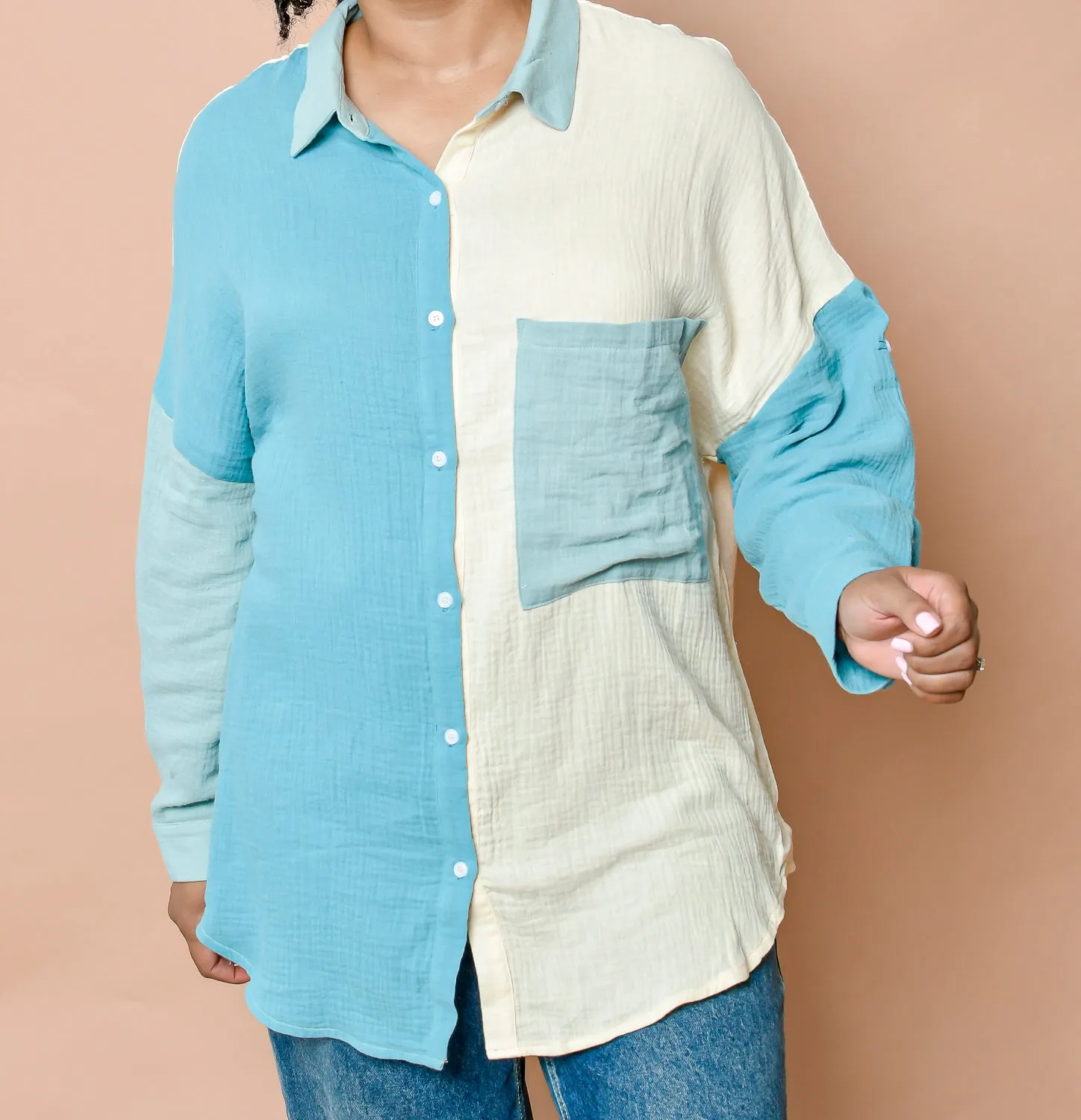 Teal Full Size Pocketed Texture Button Up