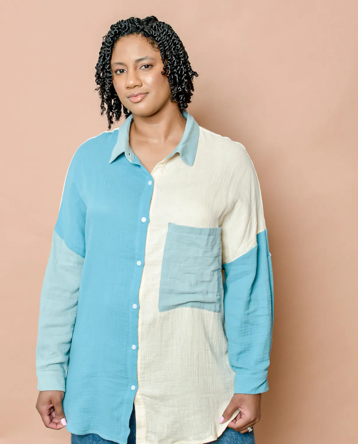 Teal Full Size Pocketed Texture Button Up