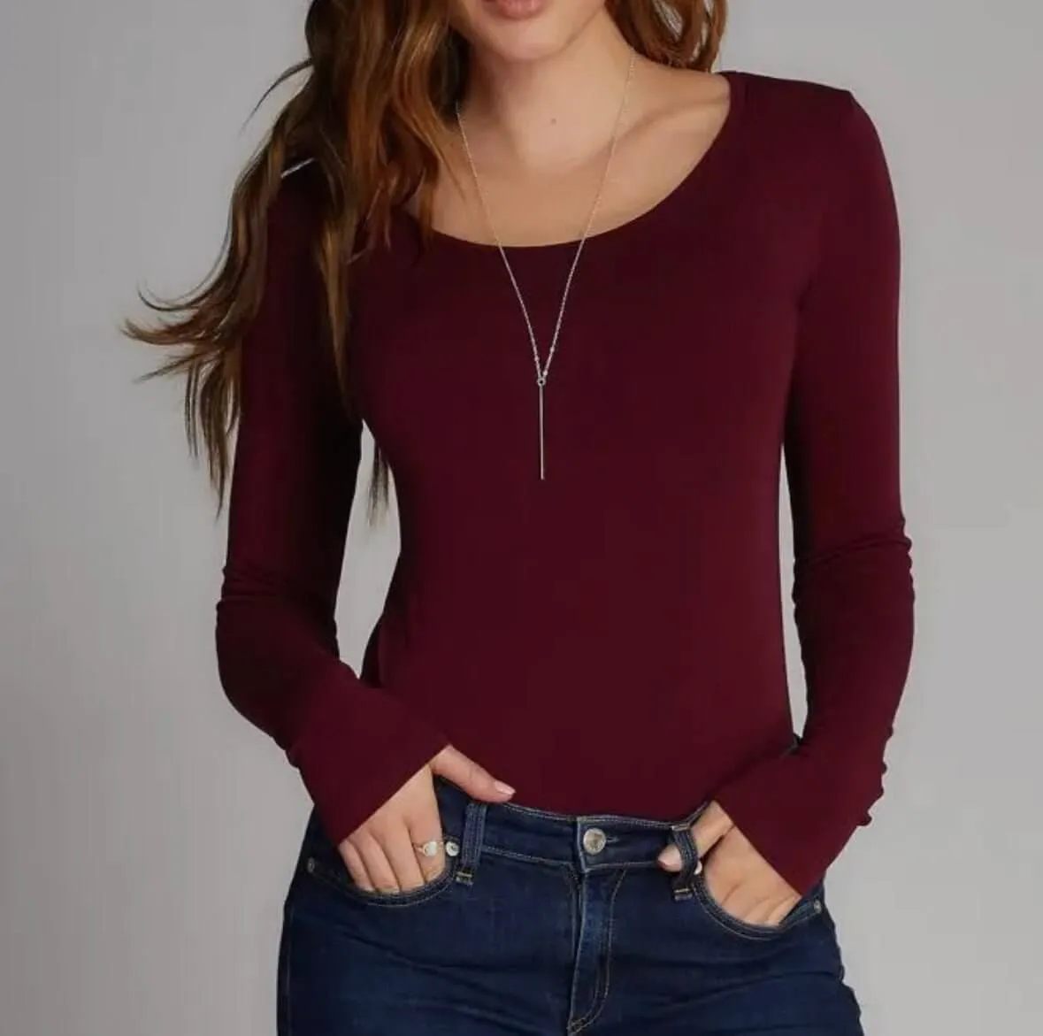 The Trista Tops: Long Sleeve Scoop Neck Bodycon Basic Top