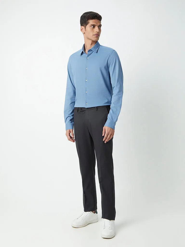 WES Formals Blue Self-Patterned Cotton-Blend Slim-Fit Shirt