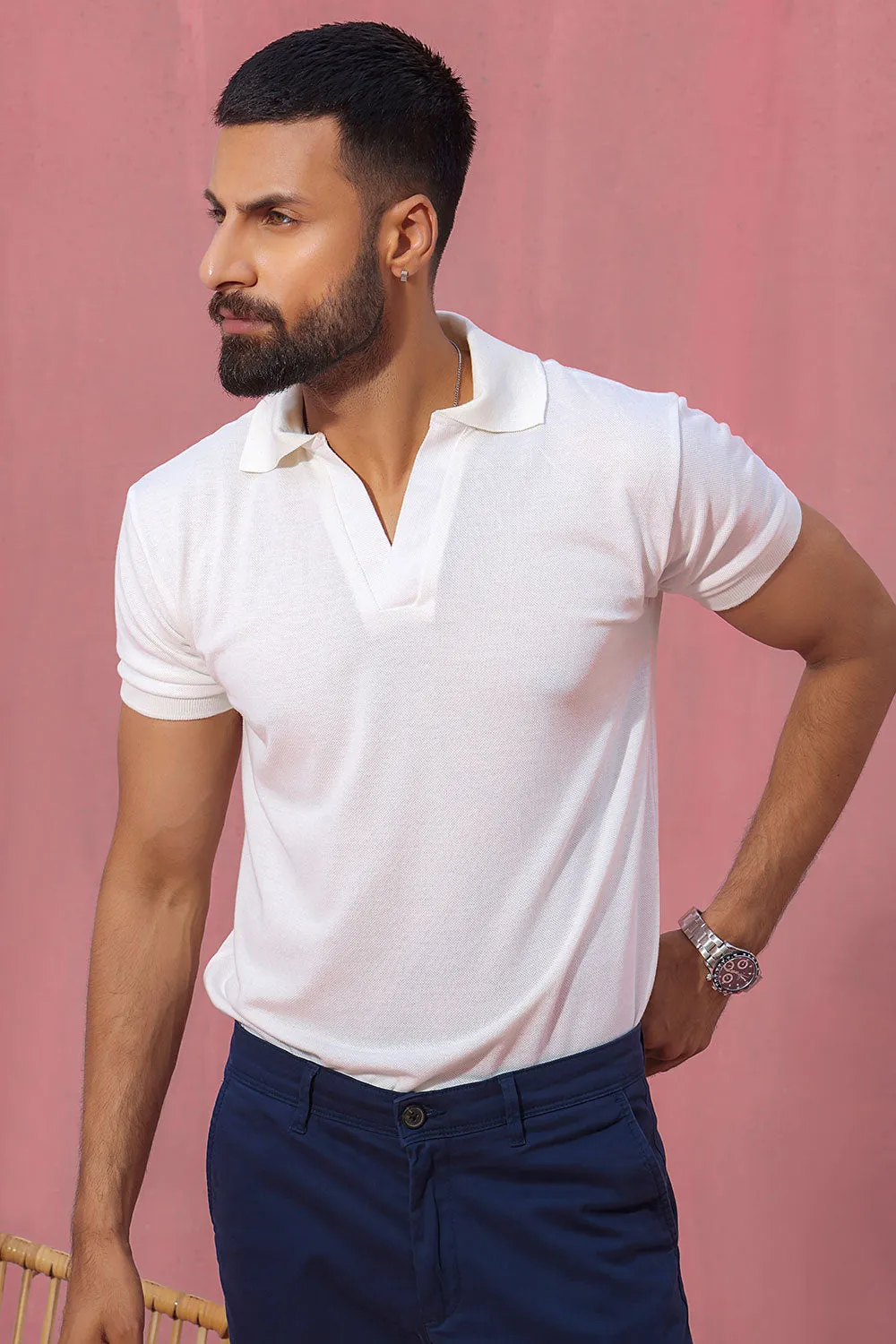 White Open Collar Structured Pique Polo Shirt