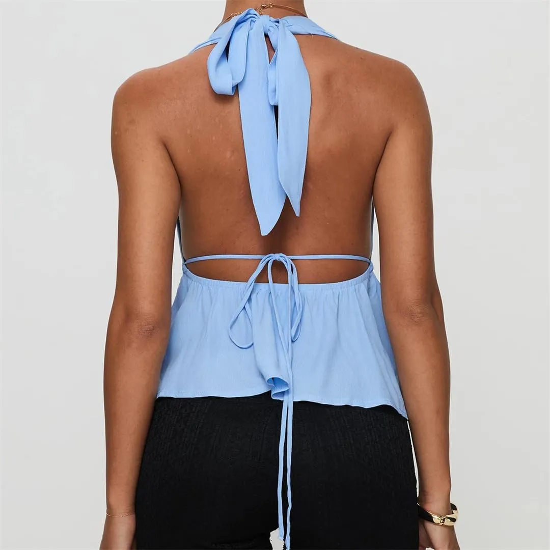 Women Halter Neck Crop Tops Sexy Tie-Up Sleeveless Backless Tank Tops Solid Color Vest Camisoles Club Party