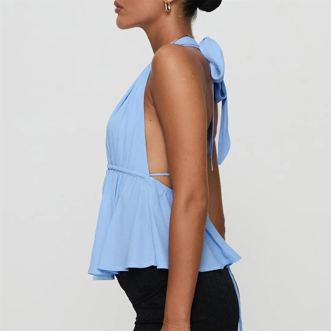 Women Halter Neck Crop Tops Sexy Tie-Up Sleeveless Backless Tank Tops Solid Color Vest Camisoles Club Party