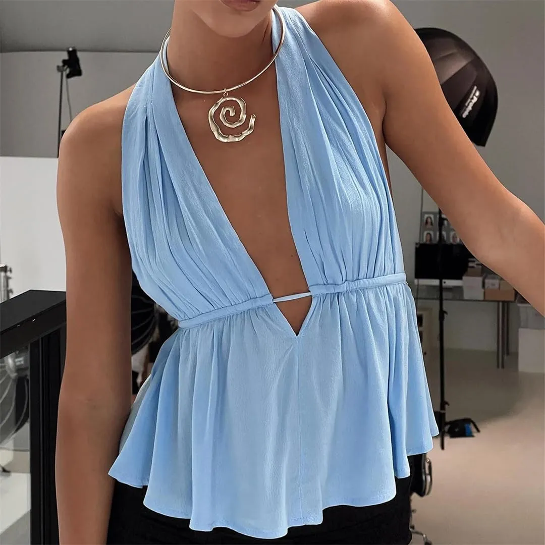 Women Halter Neck Crop Tops Sexy Tie-Up Sleeveless Backless Tank Tops Solid Color Vest Camisoles Club Party