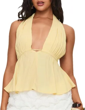 Women Halter Neck Crop Tops Sexy Tie-Up Sleeveless Backless Tank Tops Solid Color Vest Camisoles Club Party