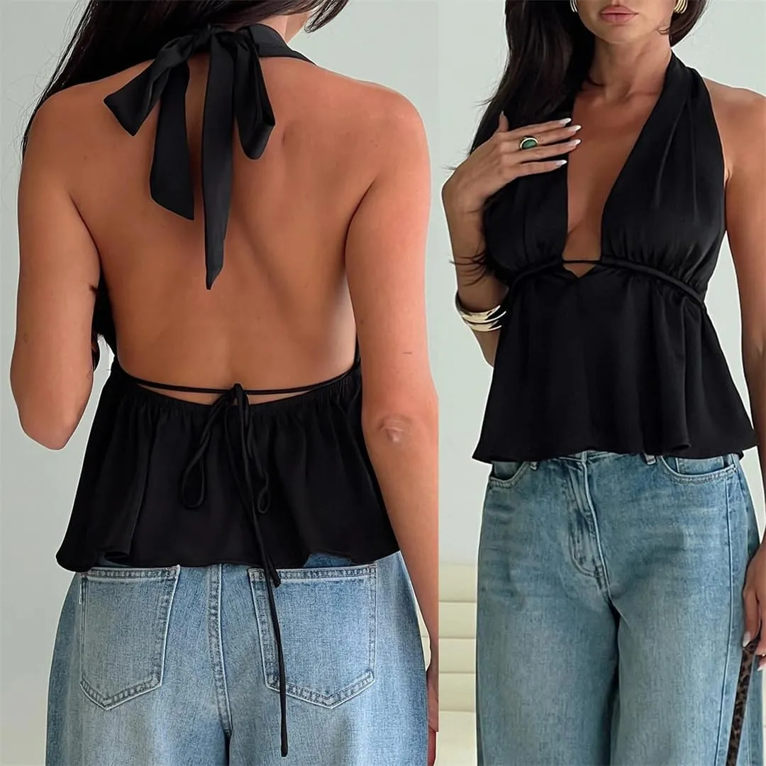 Women Halter Neck Crop Tops Sexy Tie-Up Sleeveless Backless Tank Tops Solid Color Vest Camisoles Club Party