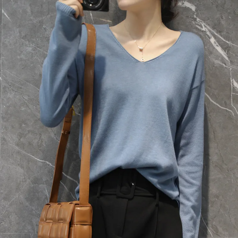 Women V-Neck Short All-Matching Slimming Folded Sweater Pullover