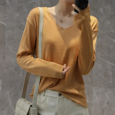 Women V-Neck Short All-Matching Slimming Folded Sweater Pullover