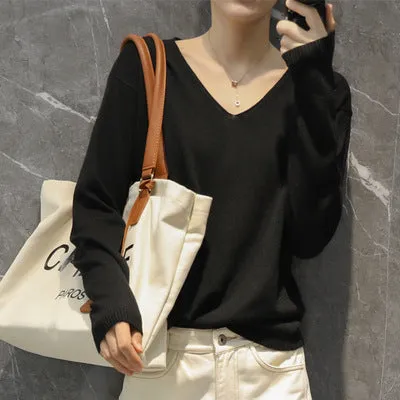 Women V-Neck Short All-Matching Slimming Folded Sweater Pullover