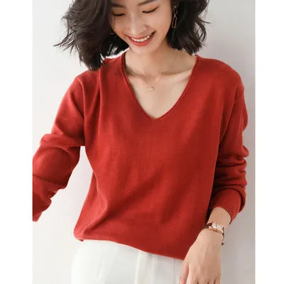 Women V-Neck Short All-Matching Slimming Folded Sweater Pullover
