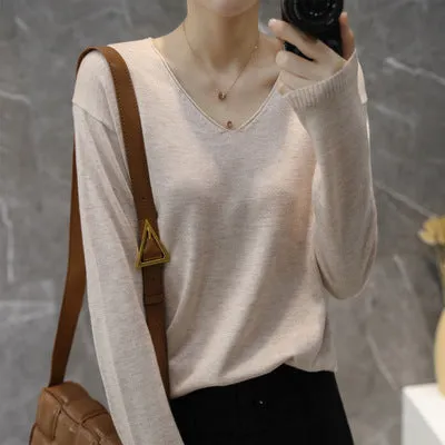 Women V-Neck Short All-Matching Slimming Folded Sweater Pullover
