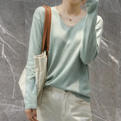 Women V-Neck Short All-Matching Slimming Folded Sweater Pullover