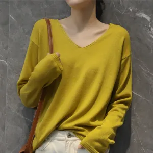 Women V-Neck Short All-Matching Slimming Folded Sweater Pullover