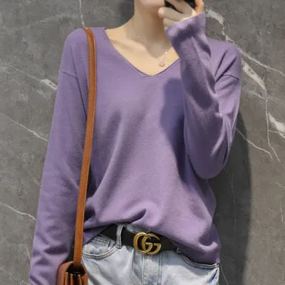 Women V-Neck Short All-Matching Slimming Folded Sweater Pullover