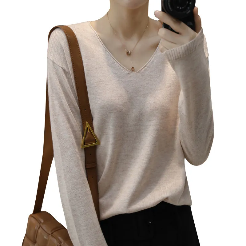 Women V-Neck Short All-Matching Slimming Folded Sweater Pullover